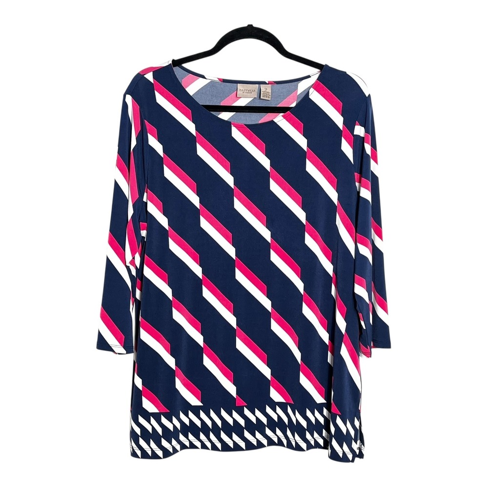 Easywear by Chicos Navy Pink White Geometric Stripe 3/4 Sleeve Top Size 2 L